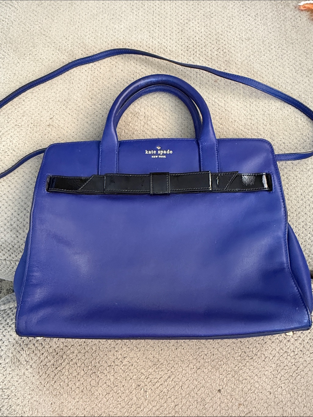 Kate Spade Cobalt Blue Leather Satchel With Black Patent Bow Accent
